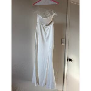 White feather trim strapless petite medium mermaid dress with slit split leg